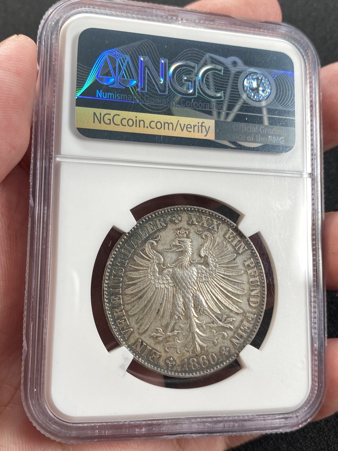 万国钱币拍卖第008期（慕尼黑2T之夜） NGC AU58 1860年德国法兰克福五彩少女1泰勒