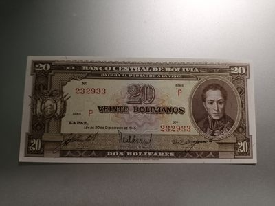 【专场20230510】故纸荒堆——1960年前钞/币专场（已更新） - 【拍品002】玻利维亚1945版20玻利维亚诺全新UNC无47