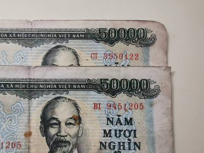 238.【鲸贝乐淘★两拍包邮】三字经·第“亲师友，习礼仪”号拍卖 【越南🇻🇳】1990年50000盾，两张一对，苏联代印版稀有，流通品相如图