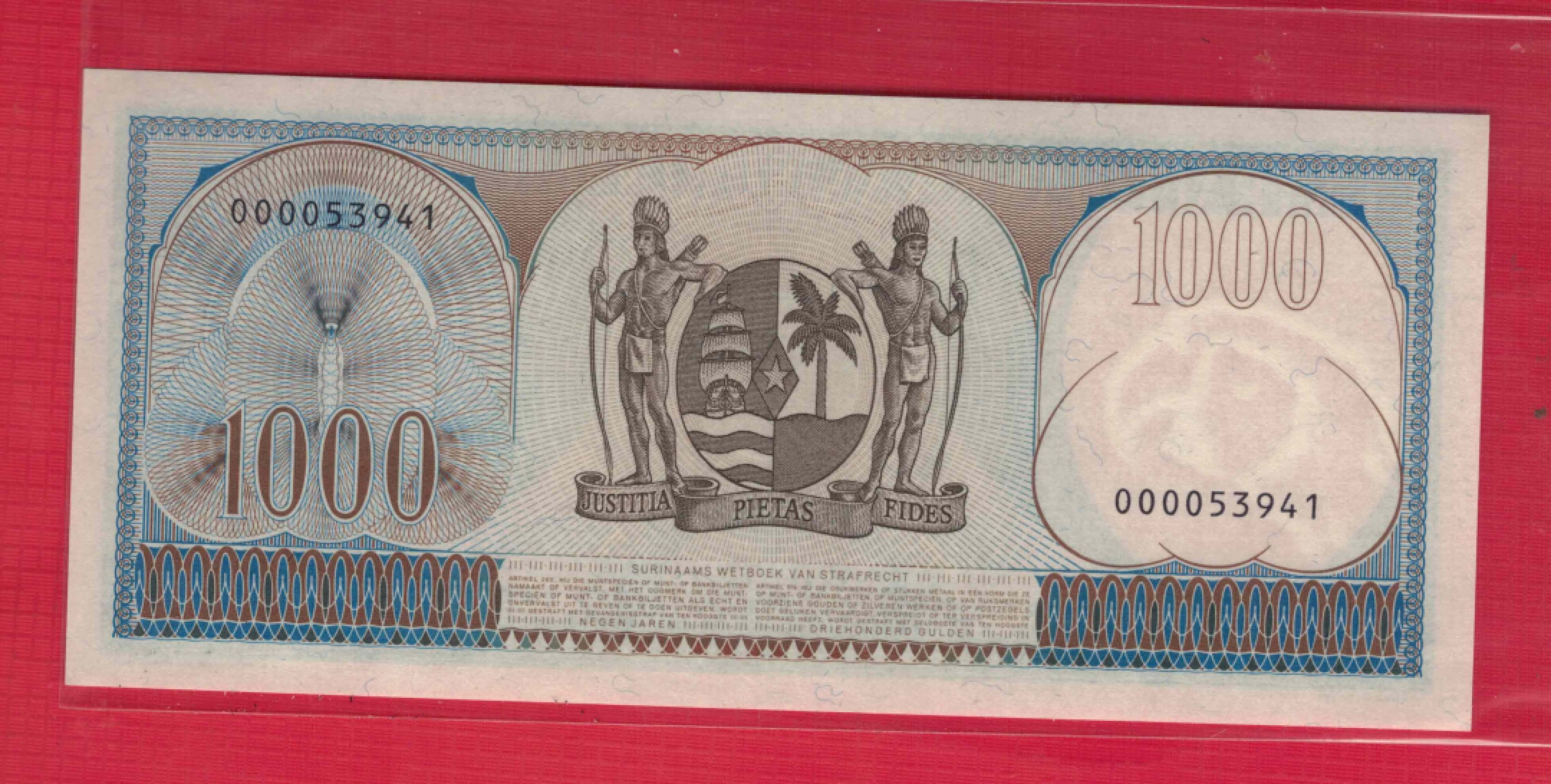 苏里南1000盾 1963年 美洲纸币 P-124 实物图 UNC