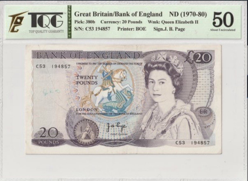 收藏联盟Quantum Auction 第258期拍卖  英国1970-80年20镑 TQG50 稀少女王水印 