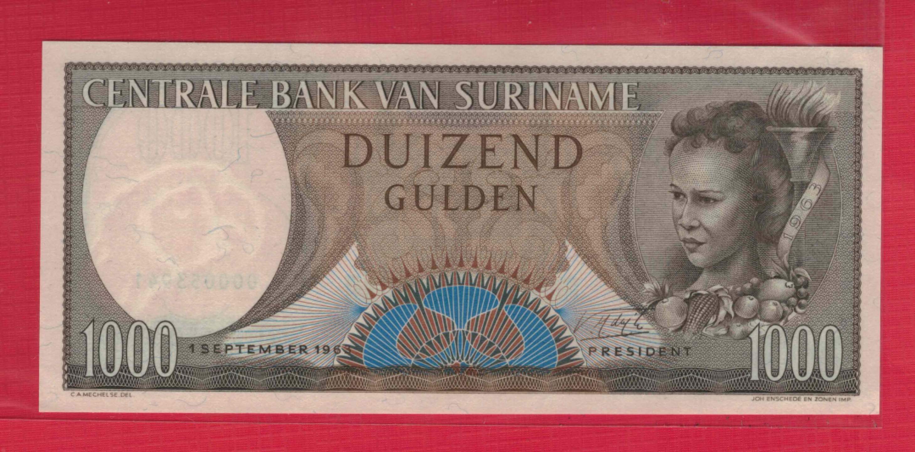 苏里南1000盾 1963年 美洲纸币 P-124 实物图 UNC