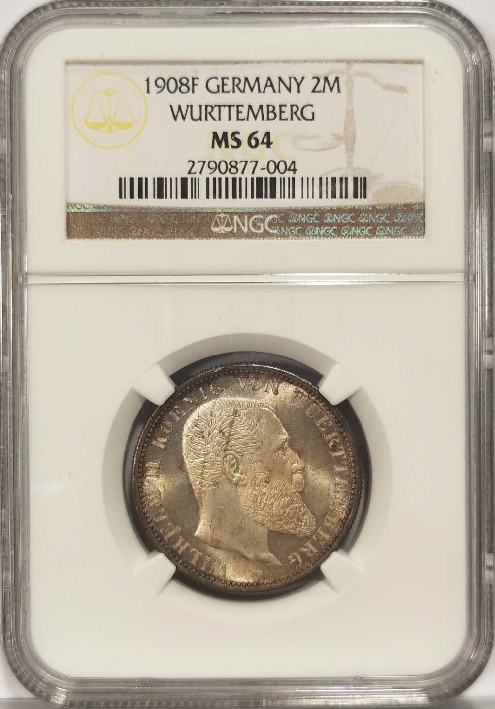 博洋堂马克藏家退坑小专场暨第026期（全场包邮） NGC MS64 德国1908年F版符登堡2马克银币 环彩甚美