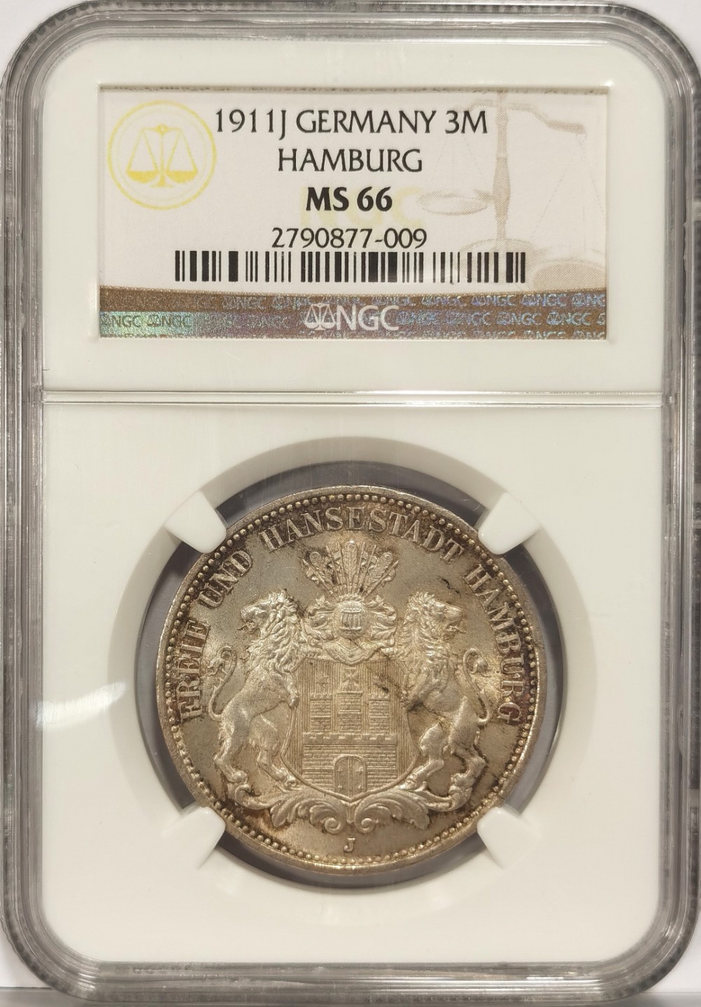 博洋堂马克藏家退坑小专场暨第026期（全场包邮） NGC MS66 德国1911年J版汉堡3马克银币 五彩黄油