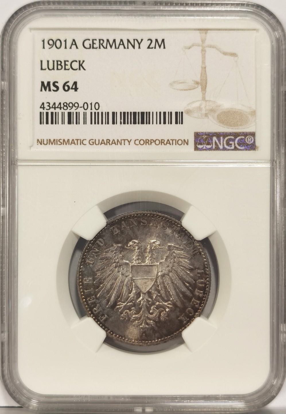 博洋堂马克藏家退坑小专场暨第026期（全场包邮） NGC MS64 德国1901年A版吕贝克2马克银币