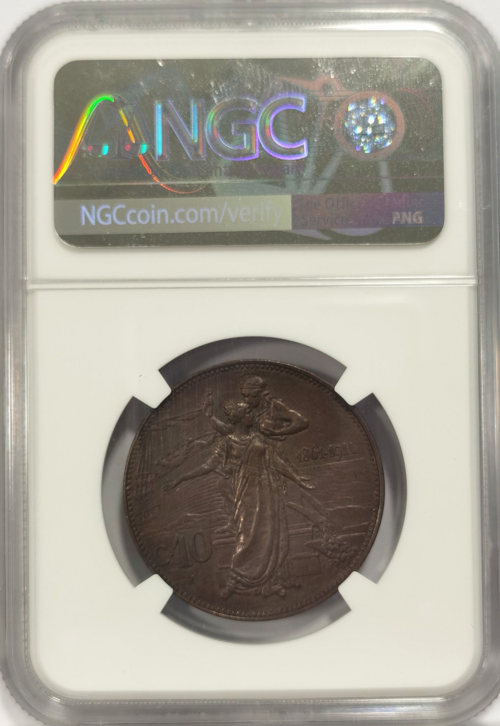 博洋堂马克藏家退坑小专场暨第026期（全场包邮） NGC AU55BN 意大利王国1911年建国10分铜币，均匀巧克力包浆底板好，非常漂亮的铜币