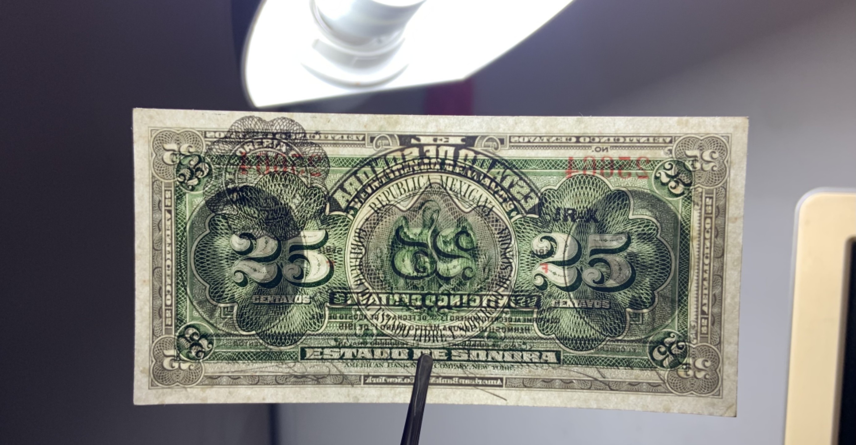 收藏联盟Quantum Auction 第258期拍卖  墨西哥1913年25分比索 品相UNC 美钞代印小精品 短号版