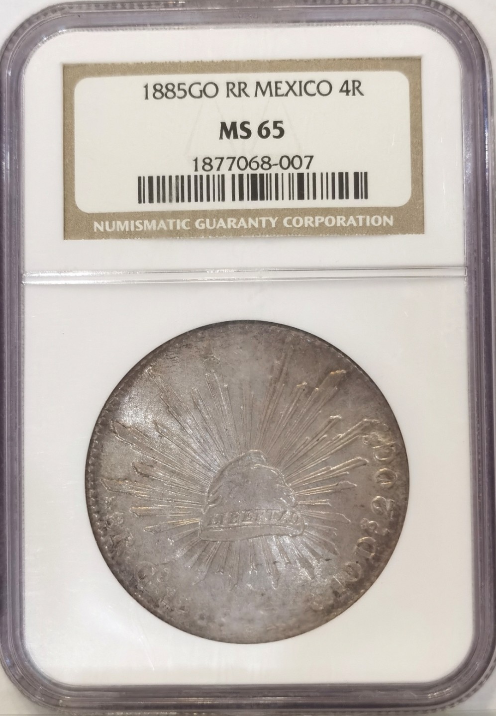 博洋堂马克藏家退坑小专场暨第026期（全场包邮） NGC MS65 墨西哥1885年GO RR版鹰洋8R（盒子标签4R标错）NGC最高分 年份处其实是盒子有点磨花