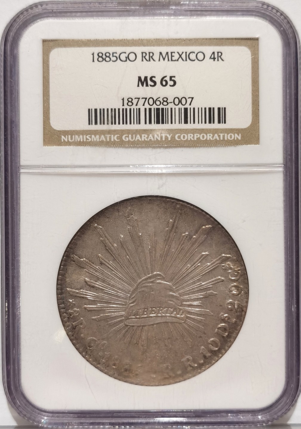 博洋堂马克藏家退坑小专场暨第026期（全场包邮） NGC MS65 墨西哥1885年GO RR版鹰洋8R（盒子标签4R标错）NGC最高分 年份处其实是盒子有点磨花