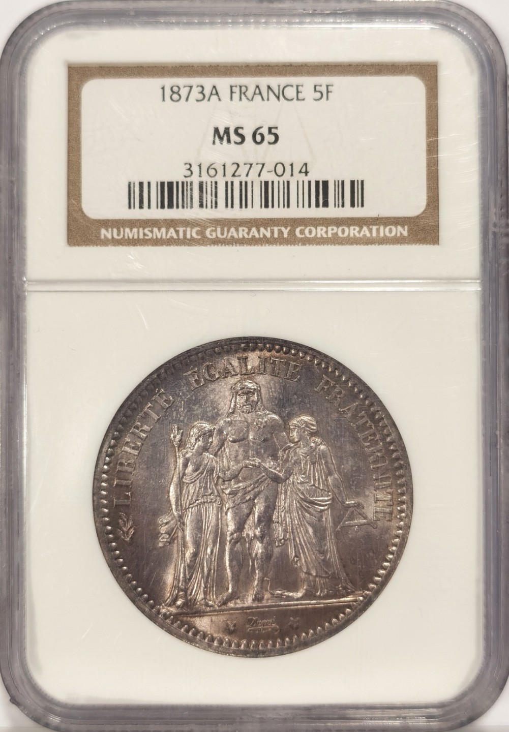 博洋堂马克藏家退坑小专场暨第026期（全场包邮） NGC MS65 法国1873年A版大力神5法郎银币 酱彩原光