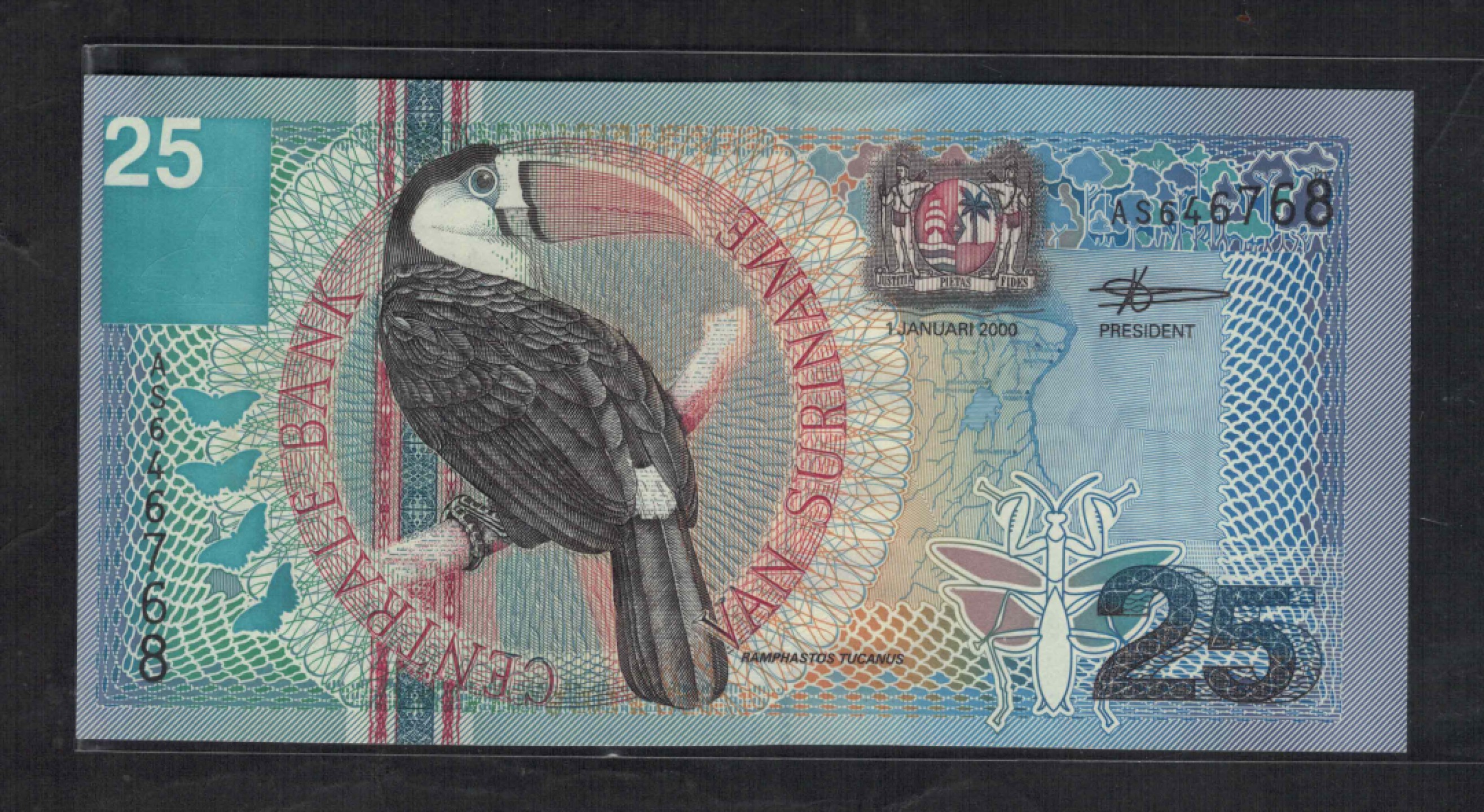 苏里南25盾 2000年 签名如图 美洲纸币 实物图 UNC