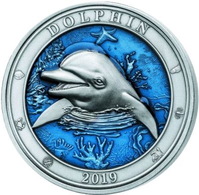 【海寧潮】巴巴多斯2019海底世界系列海豚镶透明珐琅3盎司银币原价1599，盒子有破损