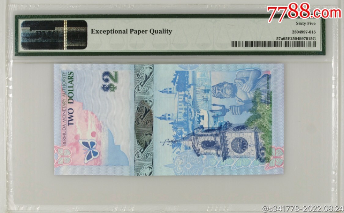 错版币 、外币专场 1374-B④百慕大2元蓝鸟钞纸币获奖币2009年A1冠‘PMG65EPQ