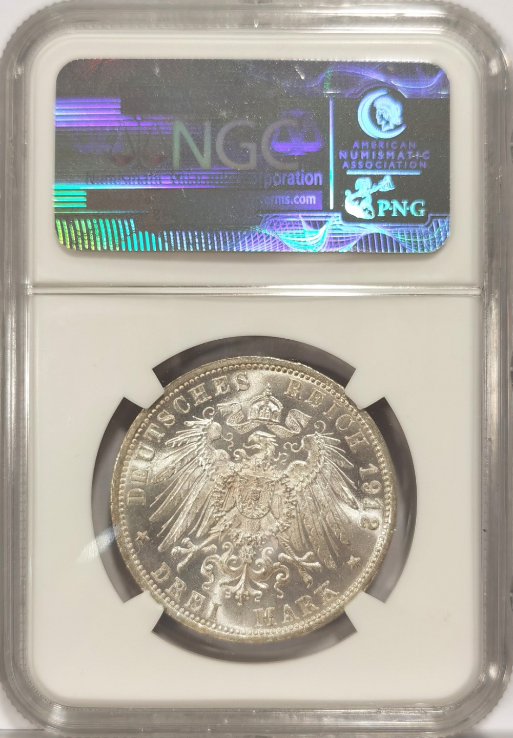博洋堂马克藏家退坑小专场暨第026期（全场包邮） NGC MS64 德国1912年F版符登堡3马克银币 十字车轮转光