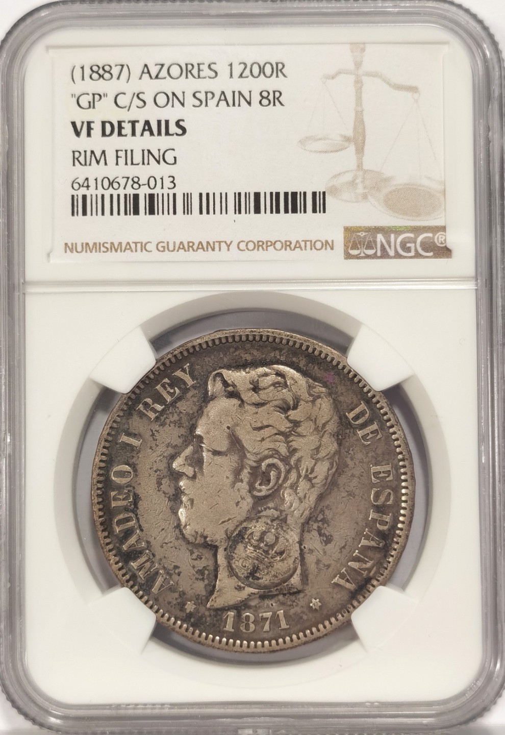 博洋堂马克藏家退坑小专场暨第026期（全场包邮） NGC VF 1887年葡属亚速尔1200R“GP”加盖西班牙本土1871年5比塞塔银币