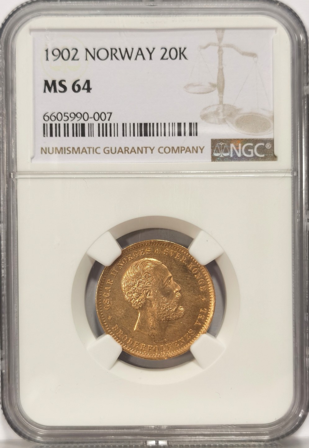 博洋堂马克藏家退坑小专场暨第026期（全场包邮） NGC MS64 挪威1902年奥斯卡二世20克朗金币 北欧少见品种金币 麦稀奇首见