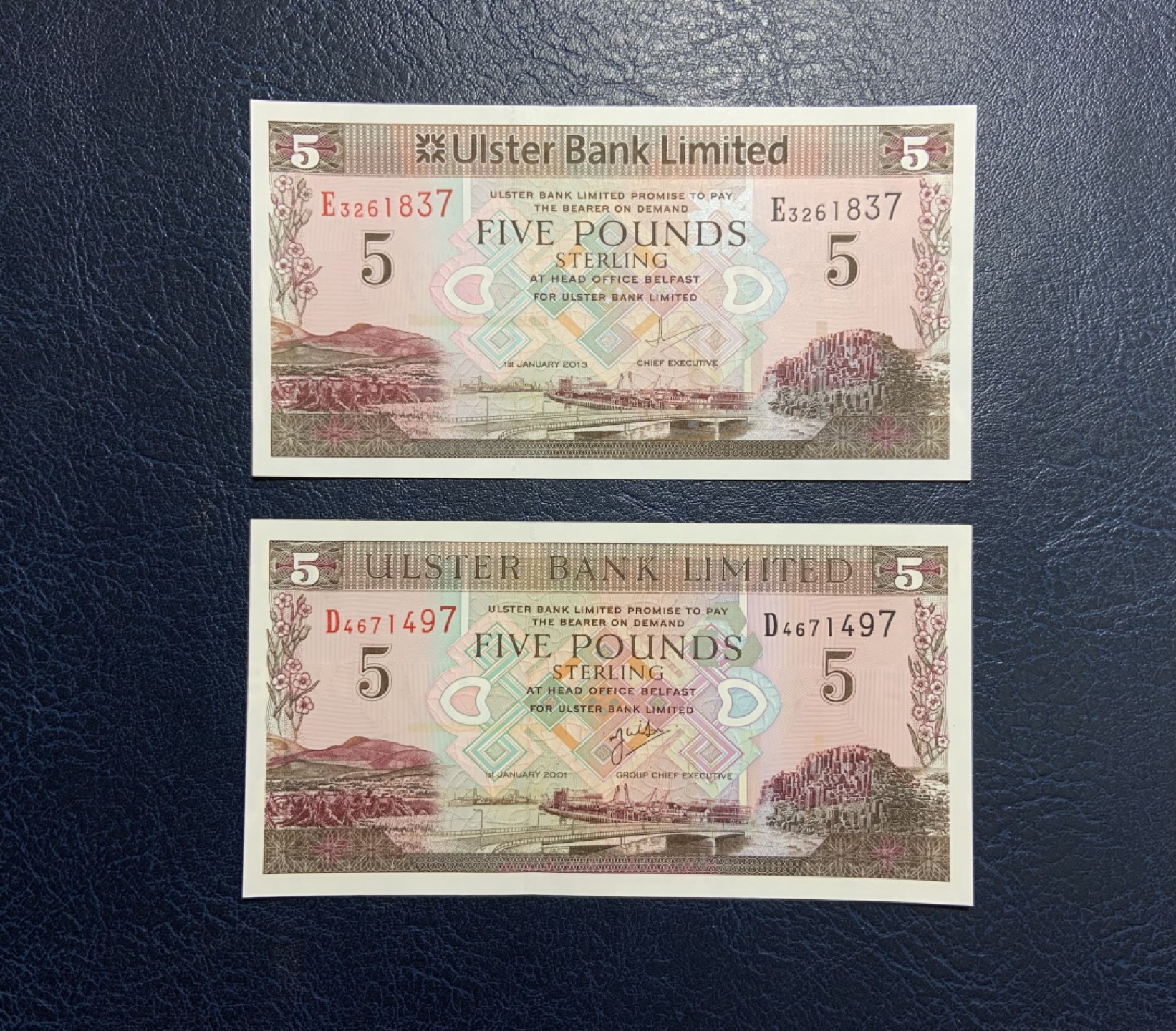 收藏联盟Quantum Auction 第258期拍卖  北爱尔兰阿尔斯特银行2001和2013年5镑 品相全新UNC 2001使用了NatWest标志