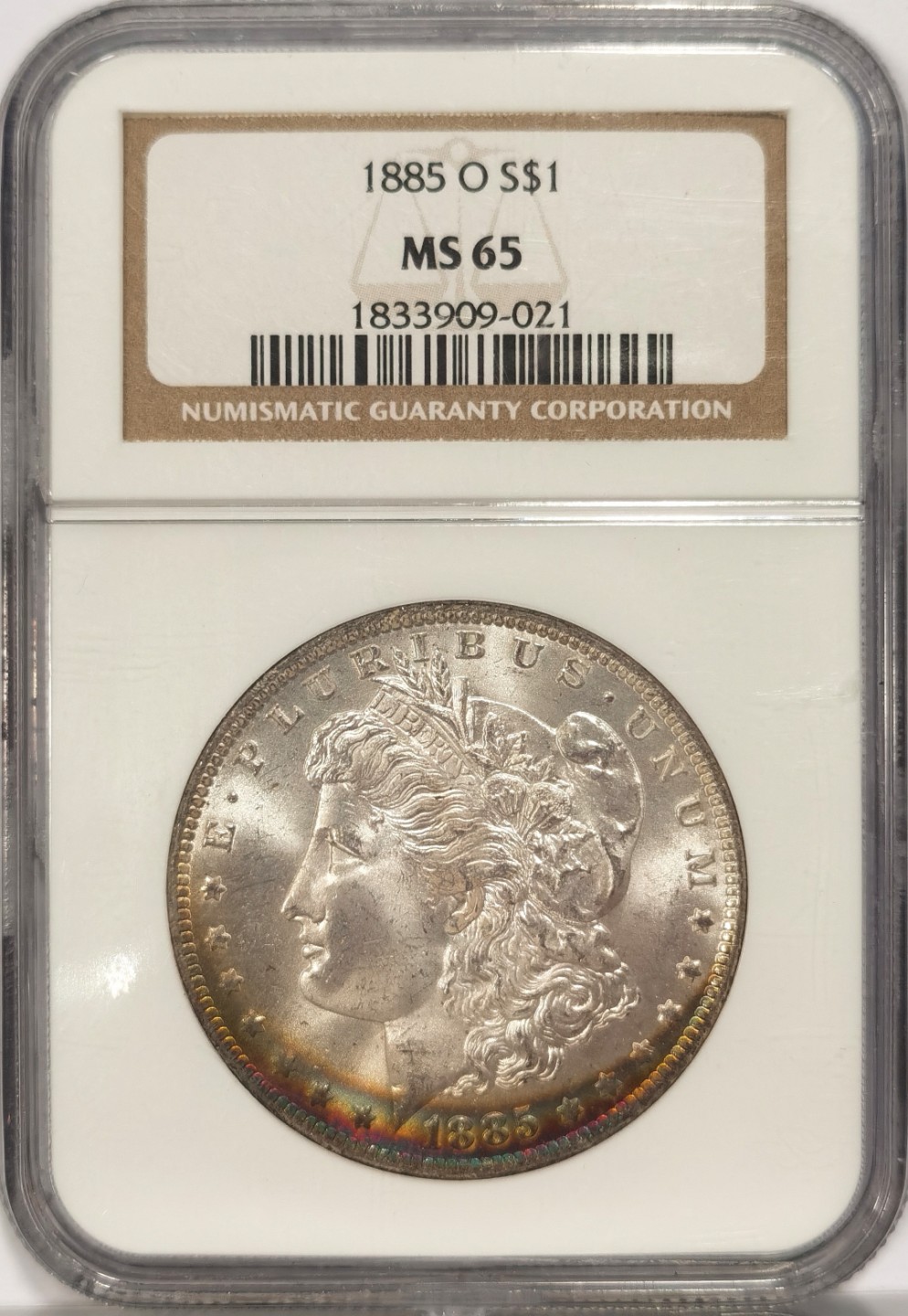 博洋堂马克藏家退坑小专场暨第026期（全场包邮） NGC MS65 美国1885年O版摩根壹圆银币 月牙彩