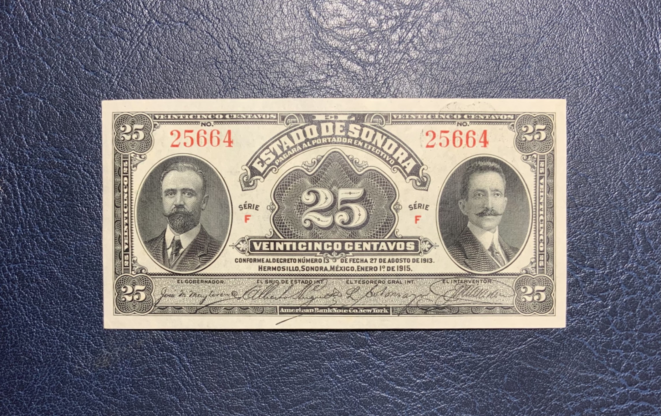 收藏联盟Quantum Auction 第258期拍卖  墨西哥1913年25分比索 品相UNC 美钞代印小精品 短号版