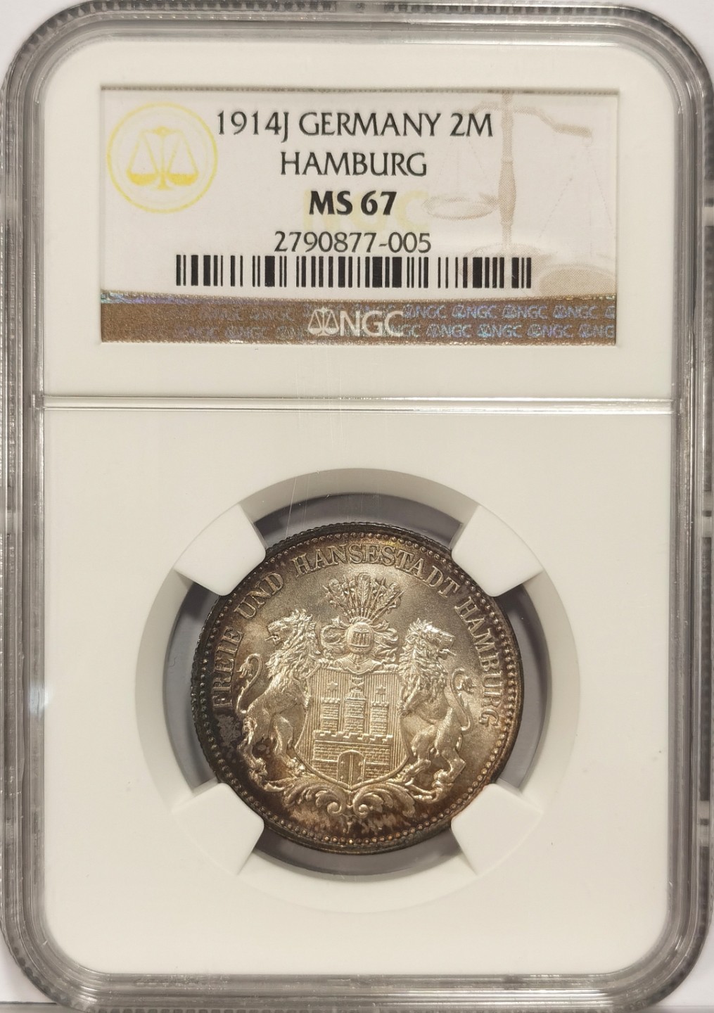 博洋堂马克藏家退坑小专场暨第026期（全场包邮） NGC MS67 德国1914年J版汉堡2马克银币 顶分配顶彩