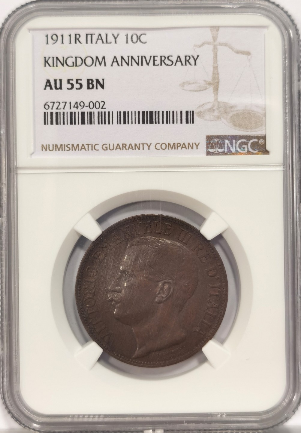 博洋堂马克藏家退坑小专场暨第026期（全场包邮） NGC AU55BN 意大利王国1911年建国10分铜币，均匀巧克力包浆底板好，非常漂亮的铜币