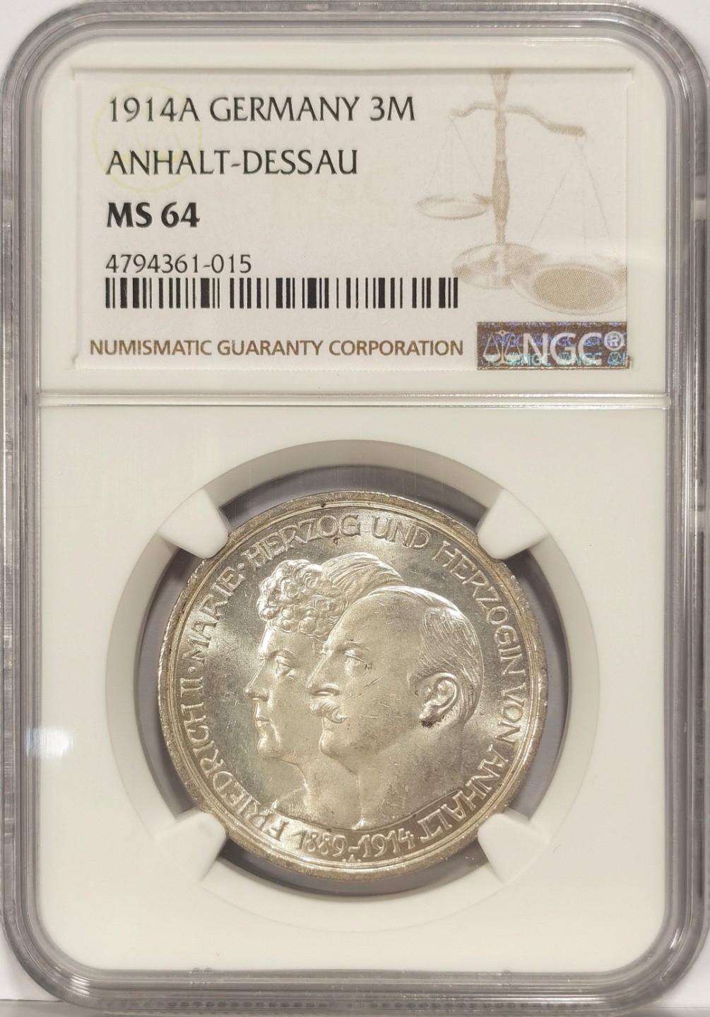 博洋堂马克藏家退坑小专场暨第026期（全场包邮） NGC MS64 德国1914年A版安哈特德绍3马克纪念银币