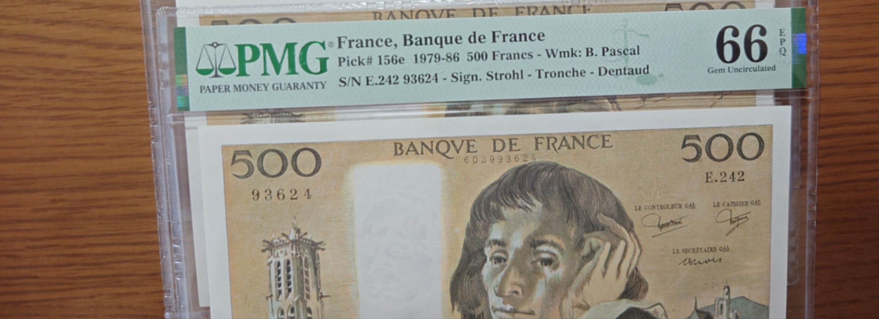 【世界钱币】精选微拍第61期暨2023年第八期 评级币专场（有最新出分品种） 1986年法国500法郎 帕斯卡 PMG66E尾号624