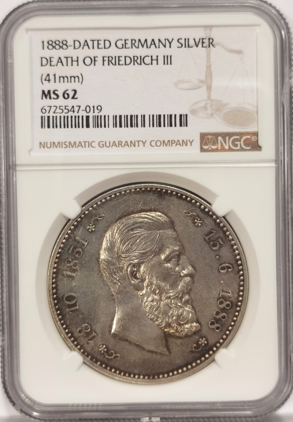 博洋堂马克藏家退坑小专场暨第026期（全场包邮） NGC MS62 德国1888年霍亨索伦王朝皇帝腓特烈三世驾崩纪念章  2泰勒银币的币胚 出分罕见