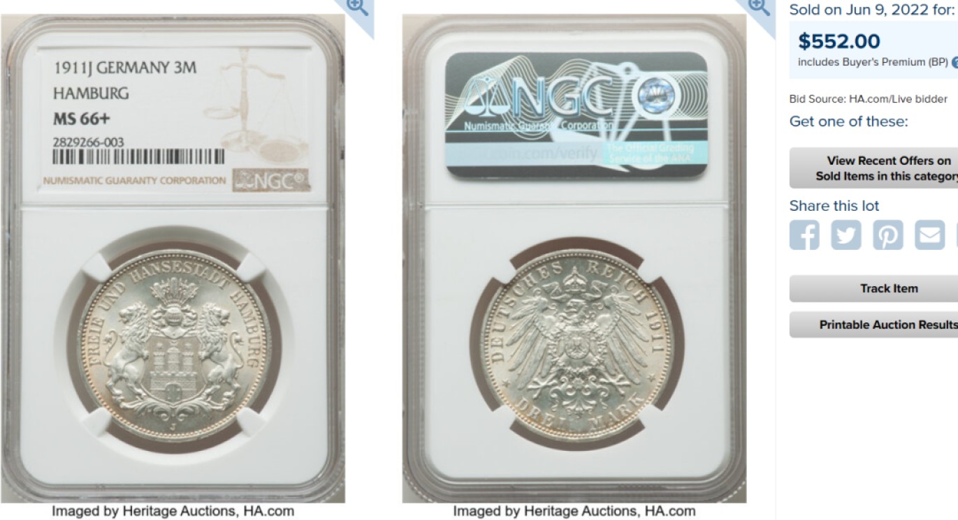 博洋堂马克藏家退坑小专场暨第026期（全场包邮） NGC MS66 德国1911年J版汉堡3马克银币 五彩黄油