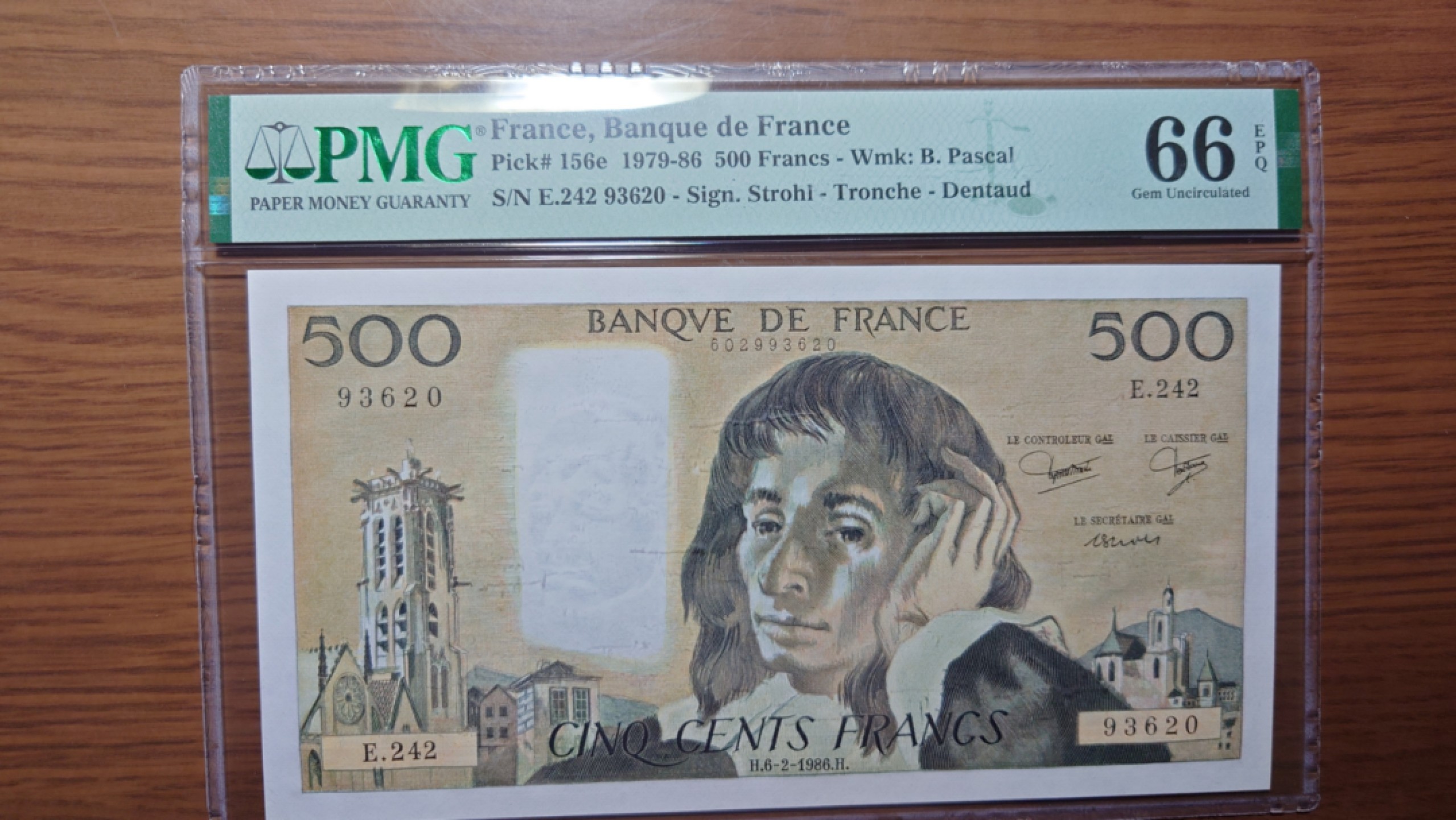 【世界钱币】精选微拍第61期暨2023年第八期 评级币专场（有最新出分品种） 1986年法国500法郎 帕斯卡 PMG66E尾号620