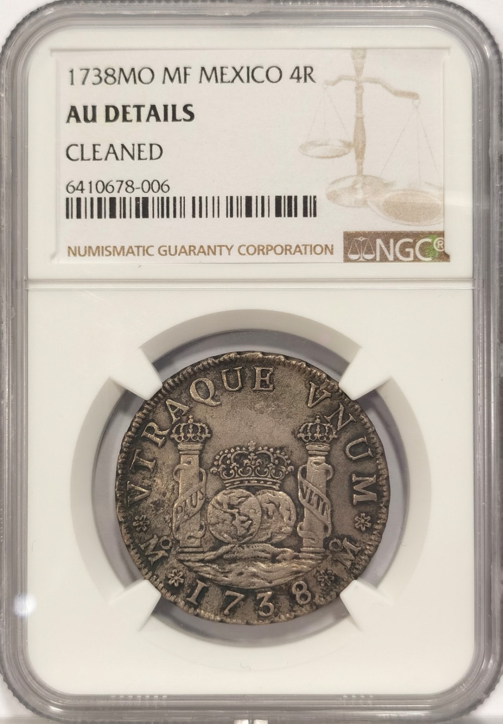 博洋堂马克藏家退坑小专场暨第026期（全场包邮） NGC AU 西属墨西哥1738年菲利普五世地球双柱 4里亚尔 醇黑包浆 地球4R比8R更少