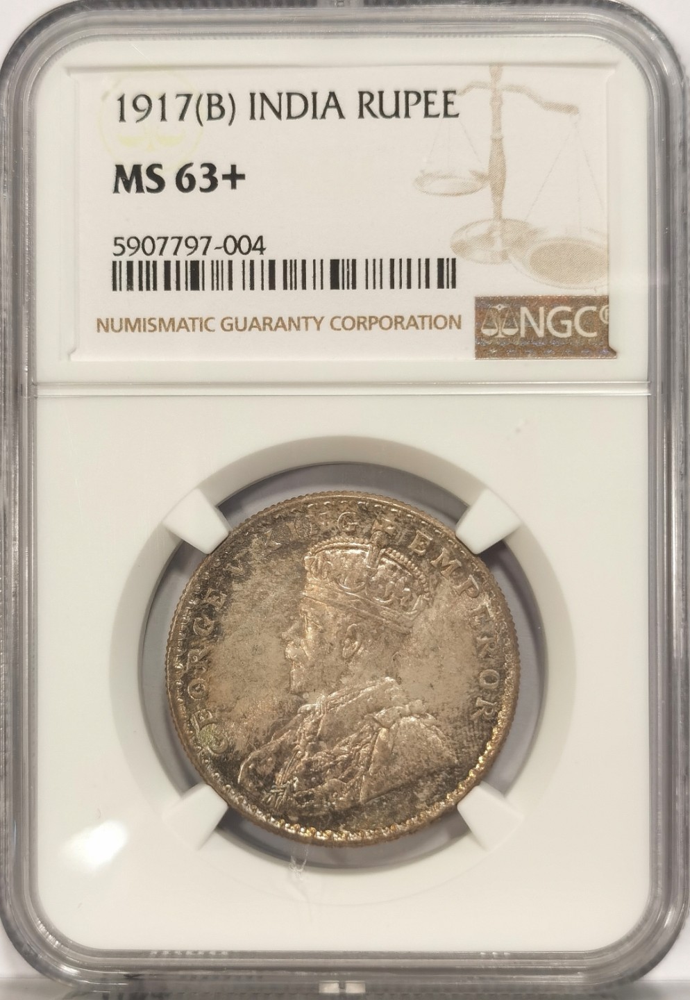 博洋堂马克藏家退坑小专场暨第026期（全场包邮） NGC MS63+ 英属印度1917年B版乔五1卢比银币 双面五彩原光 非白光币可比 状态拉满