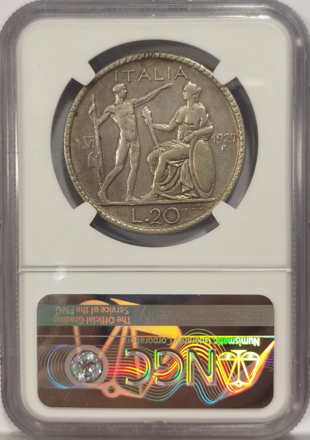 博洋堂马克藏家退坑小专场暨第026期（全场包邮） NGC XF92 意大利1927年裸男伊曼纽尔三世20L银币 边道奇特 值得收藏
