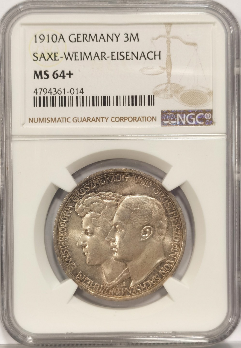 博洋堂马克藏家退坑小专场暨第026期（全场包邮） NGC MS64+ 德国1910年A版萨克森魏玛埃森纳3马克纪念银币