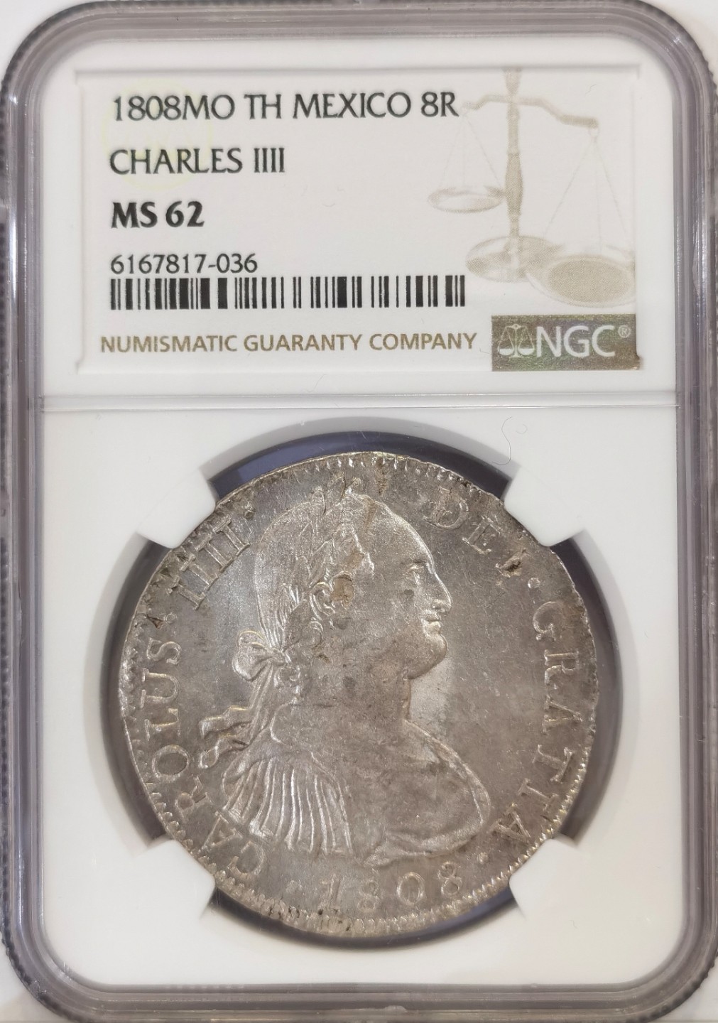 博洋堂马克藏家退坑小专场暨第026期（全场包邮） NGC MS62 墨西哥卡洛斯四世 1808 8里亚尔 有点minterror 淡灰色包浆 底光十足 收藏性价比高