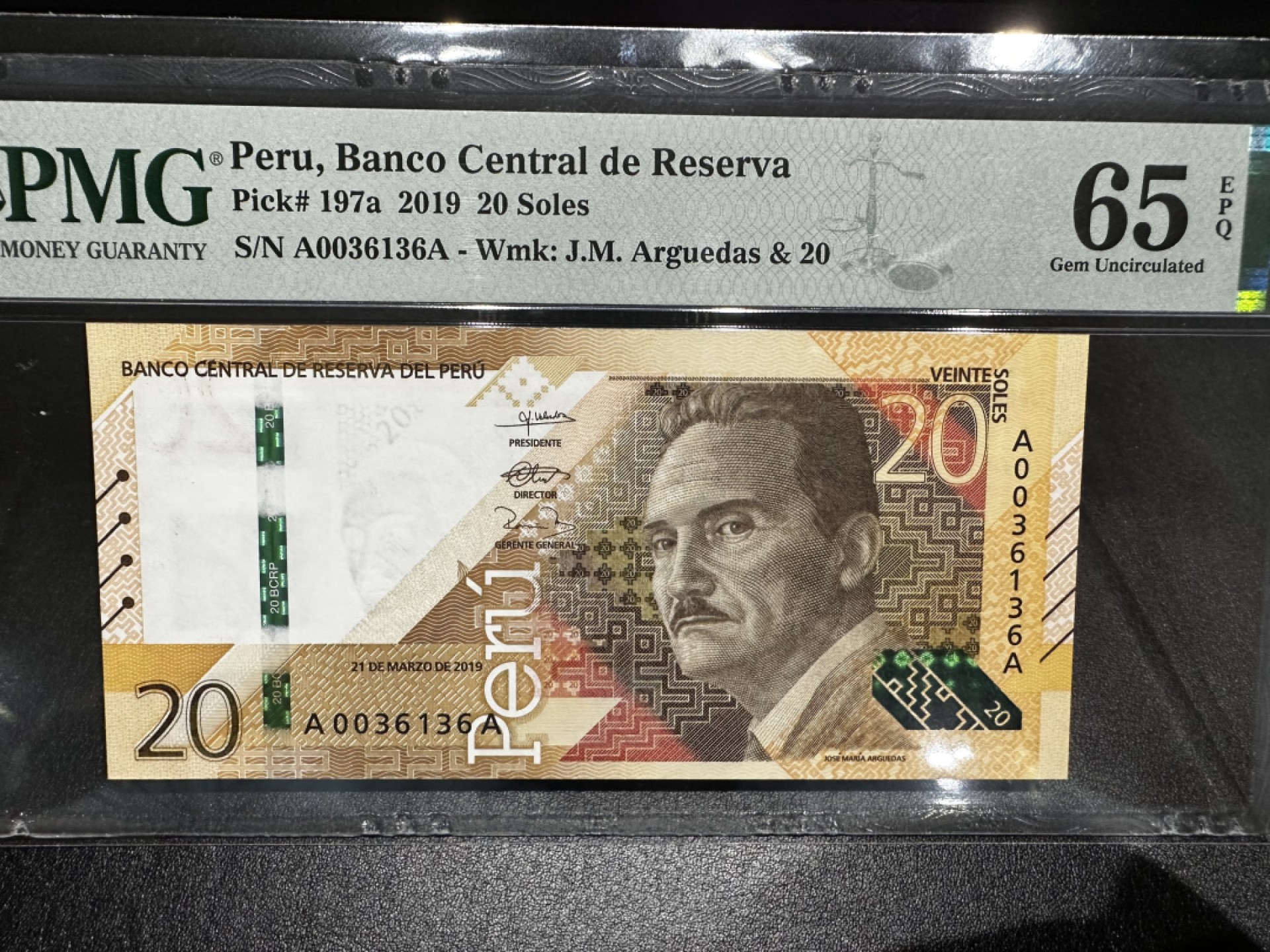 《外钞收藏家》第二百六十九期 2019年秘鲁20 PMG65 AA冠无47