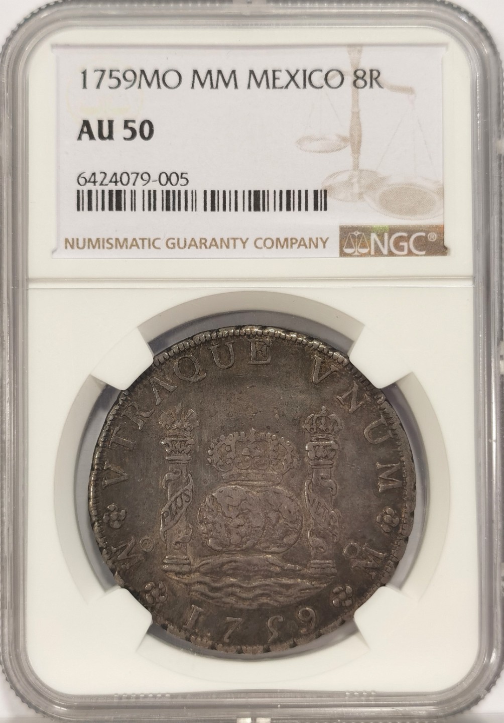 博洋堂马克藏家退坑小专场暨第026期（全场包邮） NGC AU50 西属墨西哥1759年斐迪南六世地球双柱 8里亚尔 酱彩包浆诱人 同分中极品