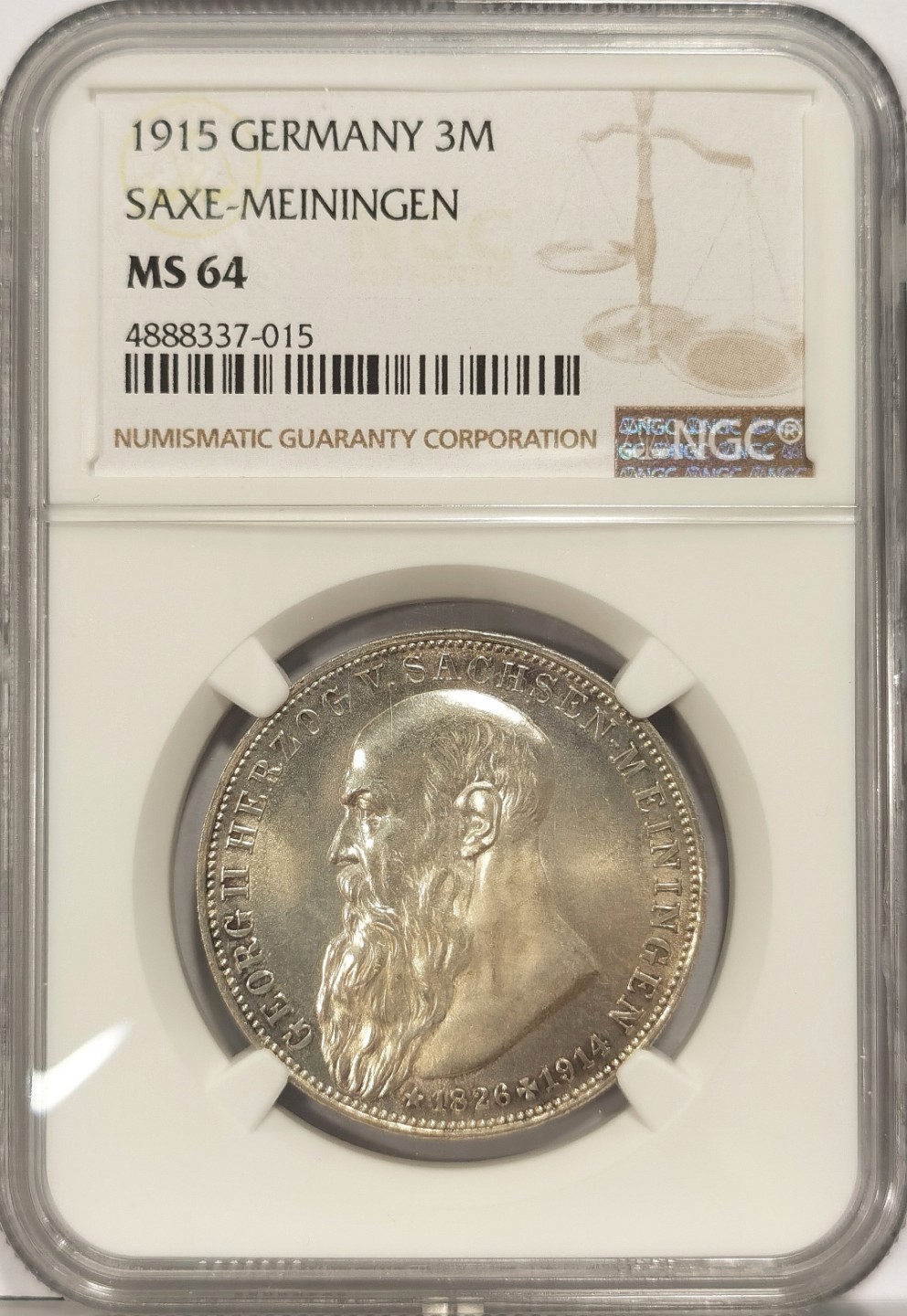 博洋堂马克藏家退坑小专场暨第026期（全场包邮） NGC MS64 德国1915年萨克森梅宁根3马克纪念银币