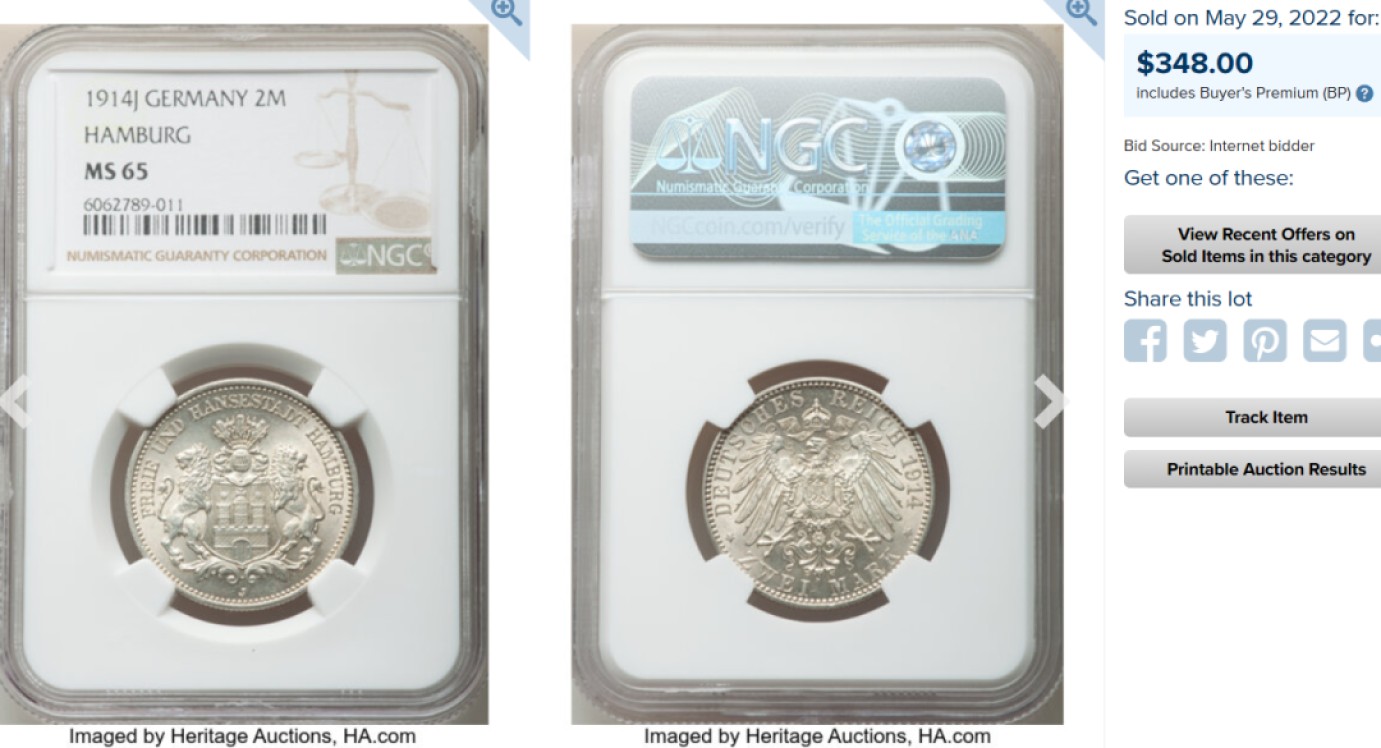 博洋堂马克藏家退坑小专场暨第026期（全场包邮） NGC MS67 德国1914年J版汉堡2马克银币 顶分配顶彩