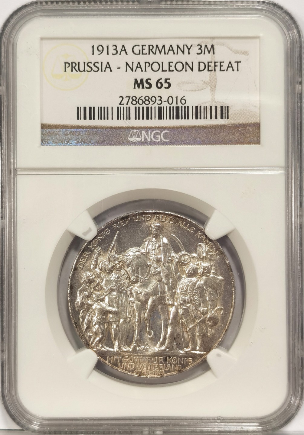 博洋堂马克藏家退坑小专场暨第026期（全场包邮） NGC MS65 德国1913年A版普鲁士战胜拿破仑3马克纪念银币