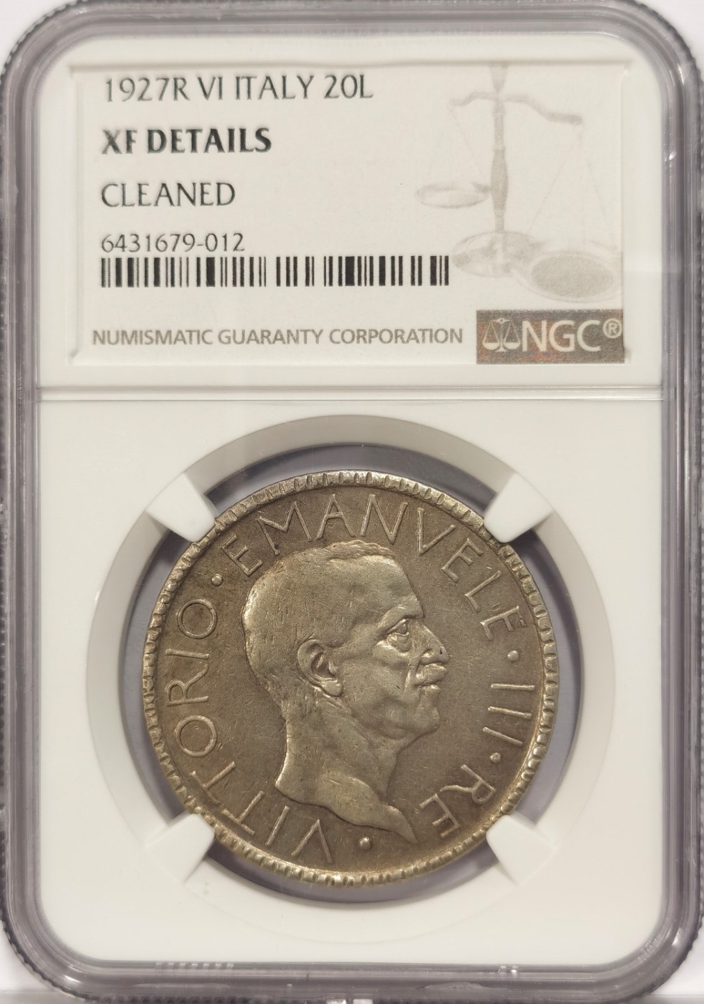 博洋堂马克藏家退坑小专场暨第026期（全场包邮） NGC XF92 意大利1927年裸男伊曼纽尔三世20L银币 边道奇特 值得收藏