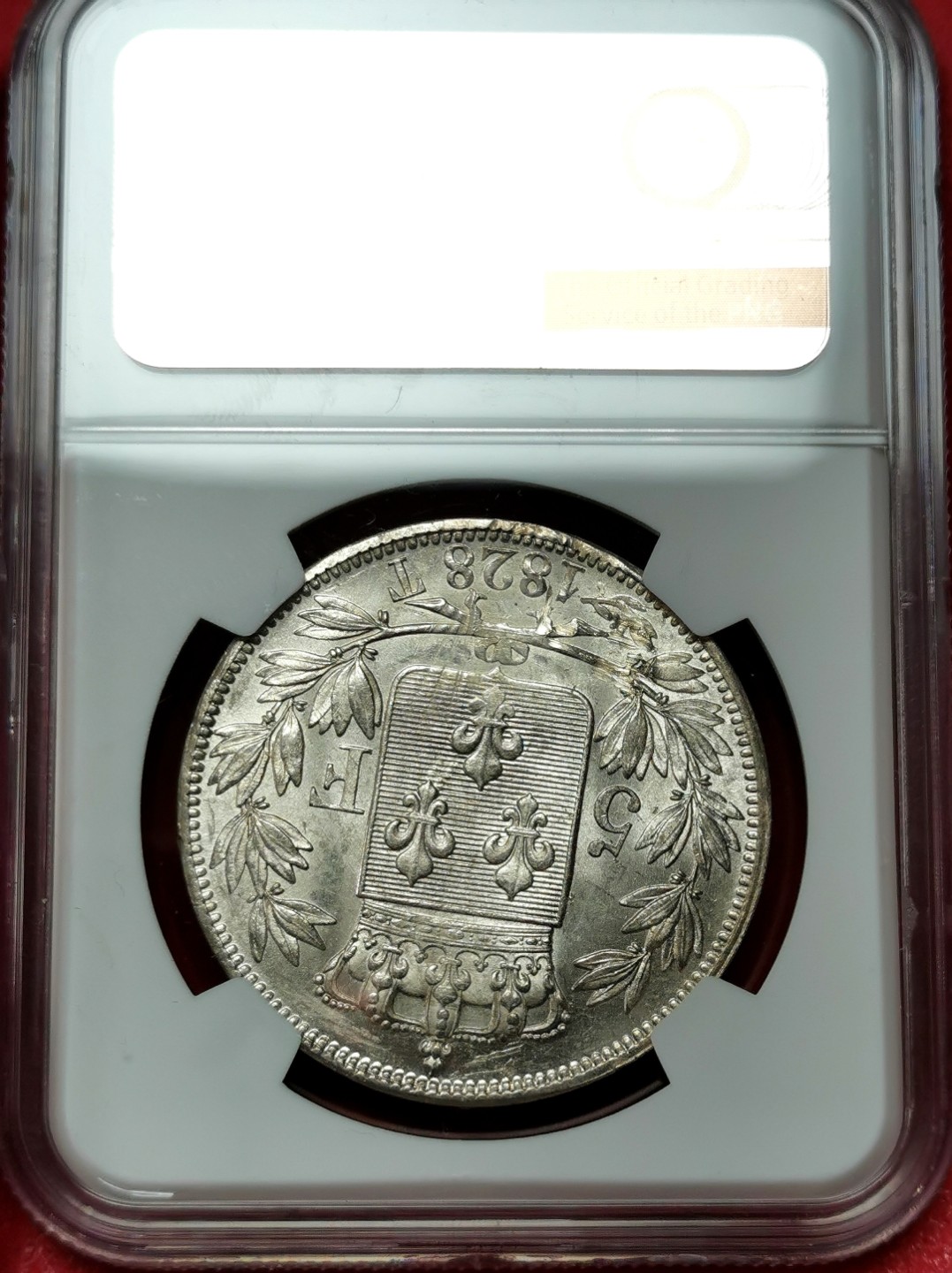 凡希社世界钱币微拍第二百三十八期 1828T法国查理十世5法郎大银NGC-UNCD实物银光极好！