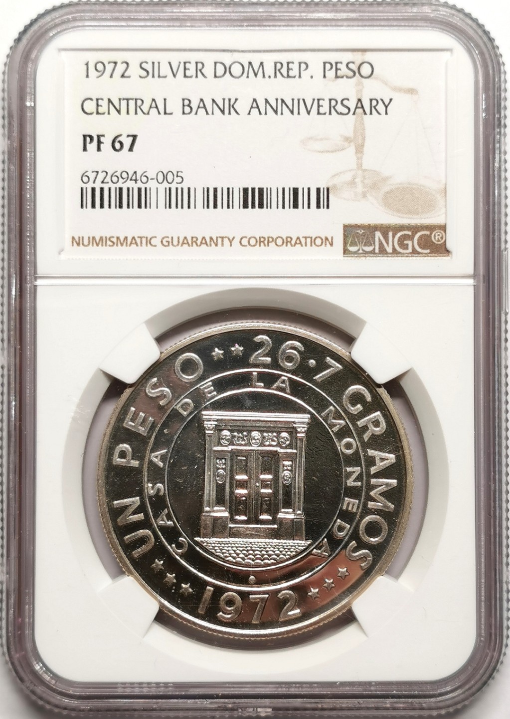 凡希社世界钱币微拍第二百三十八期 1972多米尼加央行纪念比索大银NGC-PF67