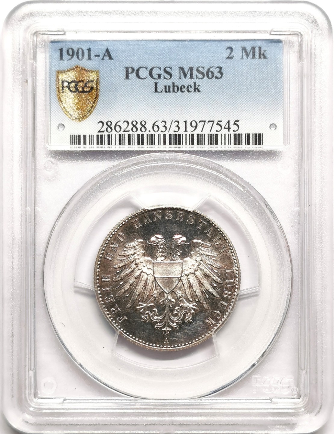 凡希社世界钱币微拍第二百三十八期 荐！1901吕贝克自由市2马克PCGS-MS63实物PL