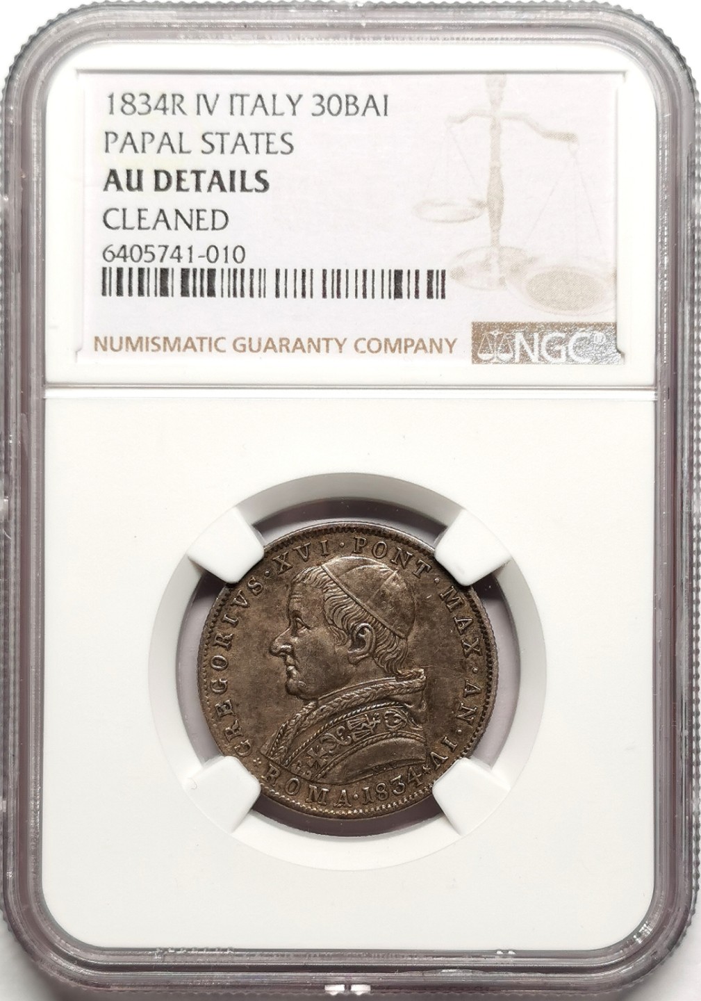 凡希社世界钱币微拍第二百三十八期 1834教皇国格里高利十六世30B银币NGC-AUD