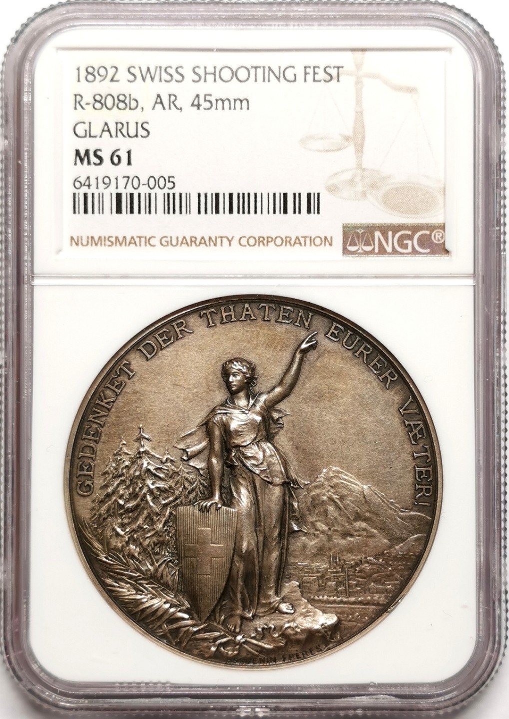 凡希社世界钱币微拍第二百三十八期 1892瑞士格拉鲁斯射击节纪念银章NGC-MS61