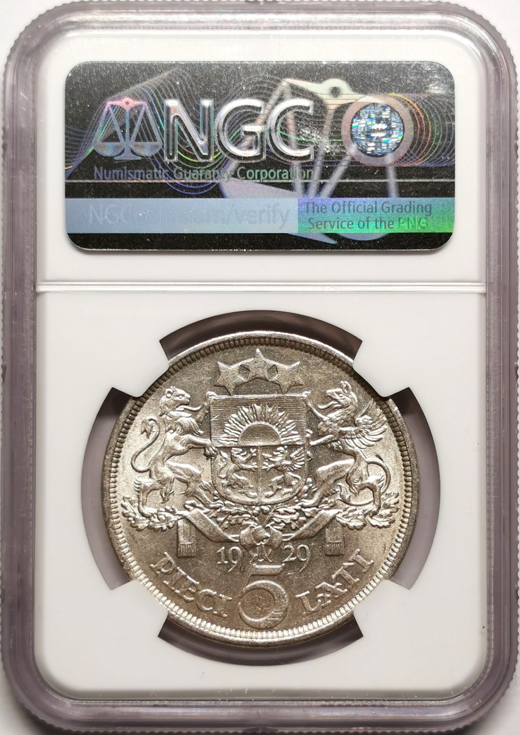 凡希社世界钱币微拍第二百三十八期 1929拉脱维亚5L大银NGC-MS62