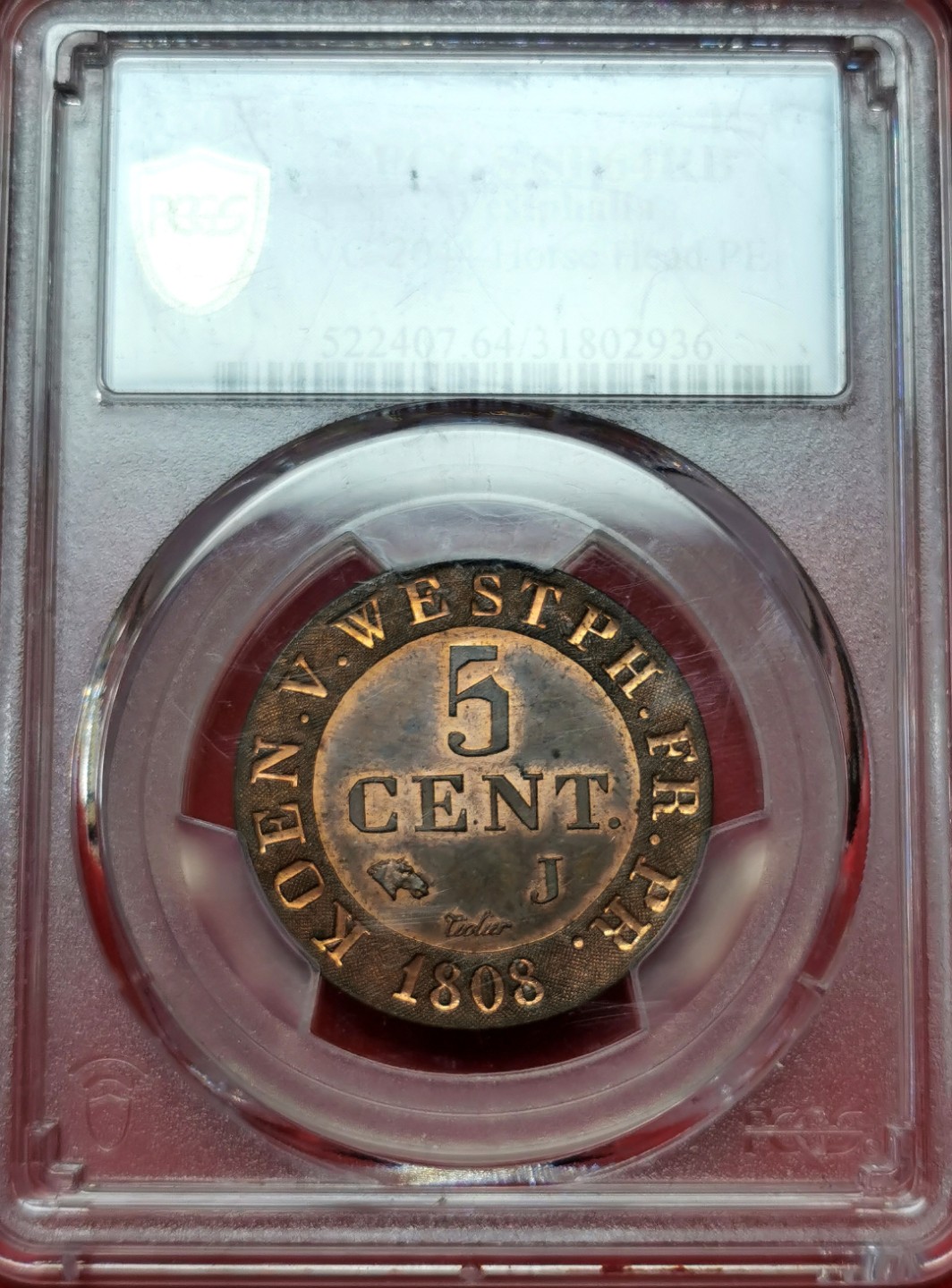 凡希社世界钱币微拍第二百三十八期 荐！1808J威斯特伐利亚王国热罗姆拿破仑5分PCGS-MS64稀有厂版！
