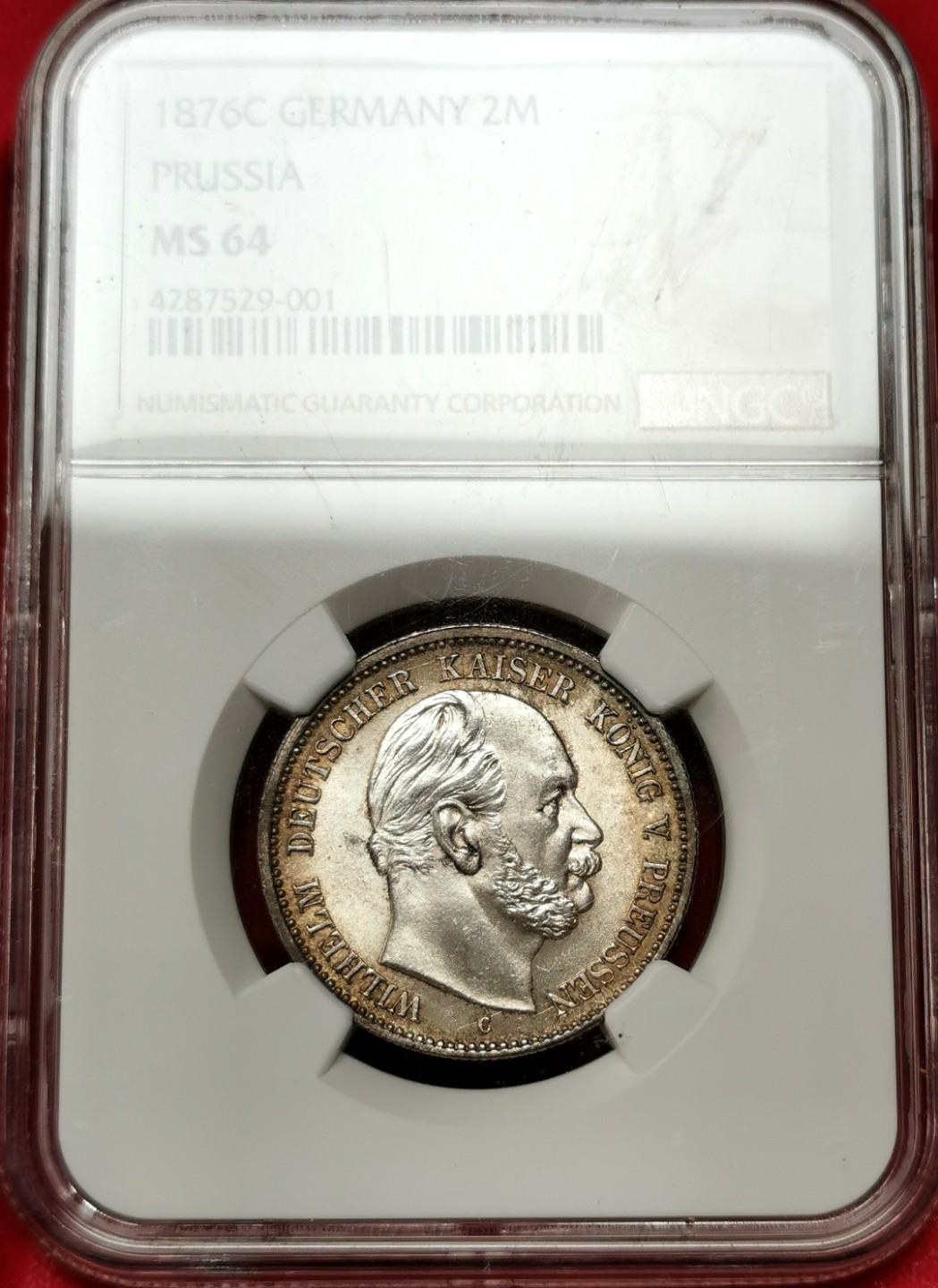 凡希社世界钱币微拍第二百三十八期 稀！1876普鲁士威廉一世短翅2马克NGC-MS64淡紫罗兰环彩冠军分！