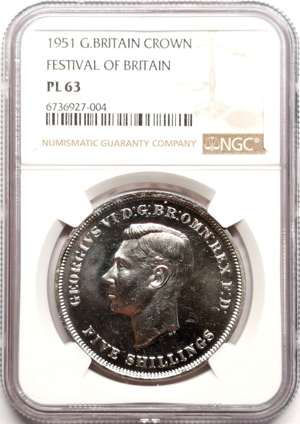 凡希社世界钱币微拍第二百三十八期 1951英国乔六马剑克朗NGC-PL63